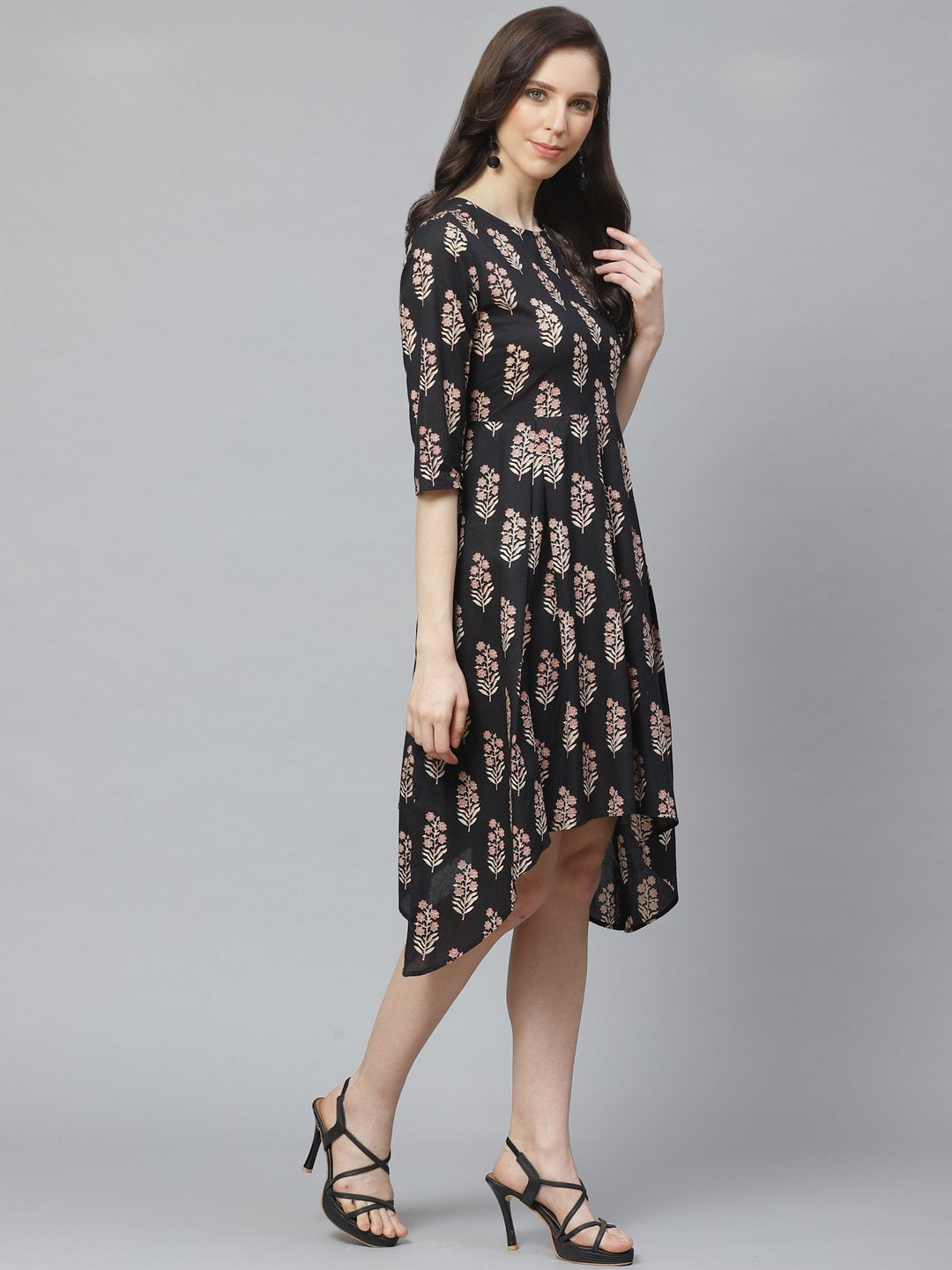 NOZ2TOZ Women Black Floral Printed Round Neck Cotton Fit and Flare Dress - Distacart