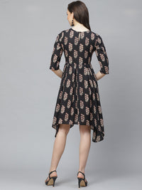 Thumbnail for NOZ2TOZ Women Black Floral Printed Round Neck Cotton Fit and Flare Dress - Distacart