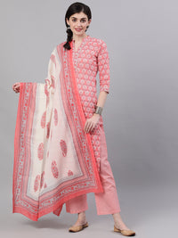 Thumbnail for NOZ2TOZ Women Pink Three-Quarter Sleeves Straight Kurta Palazzo With Dupatta - Distacart