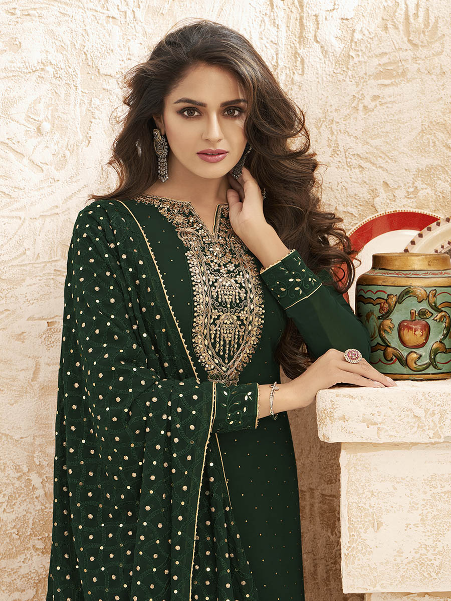 Myra Deep Green Emboidered Georgette Pant Style Suit - Distacart
