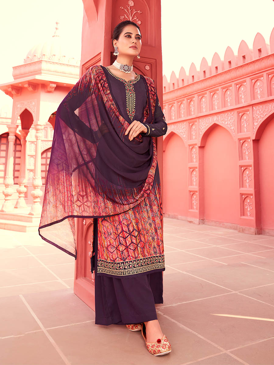 Myra Purple Digital Print French Crepe Palazzo Suit