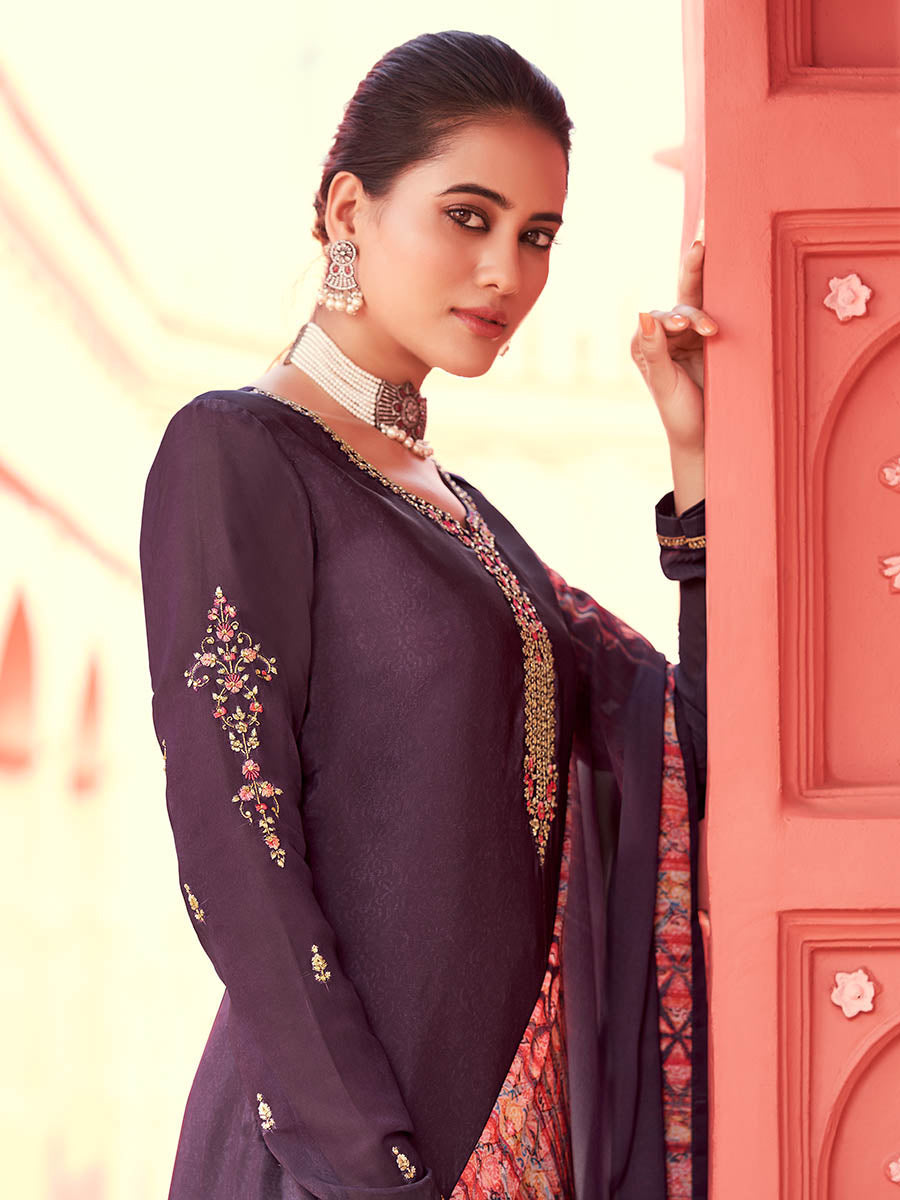 Myra Purple Digital Print French Crepe Palazzo Suit