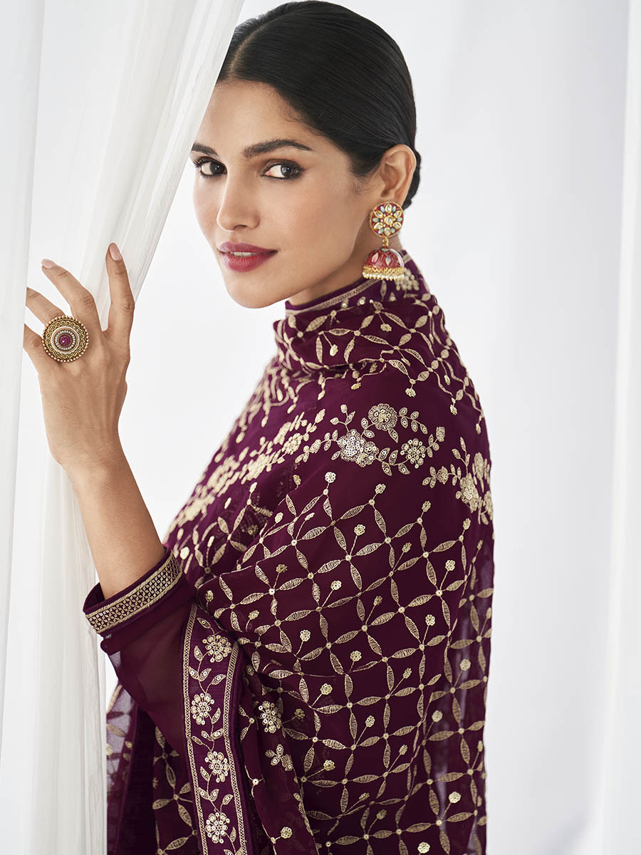 Myra Purple Real Georgette Palazzo Style Suit