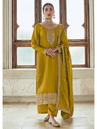 Thumbnail for Myra Mustard Yellow Premium Silk Embroidered Pant Style Suit - Distacart