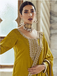 Thumbnail for Myra Mustard Yellow Premium Silk Embroidered Pant Style Suit - Distacart