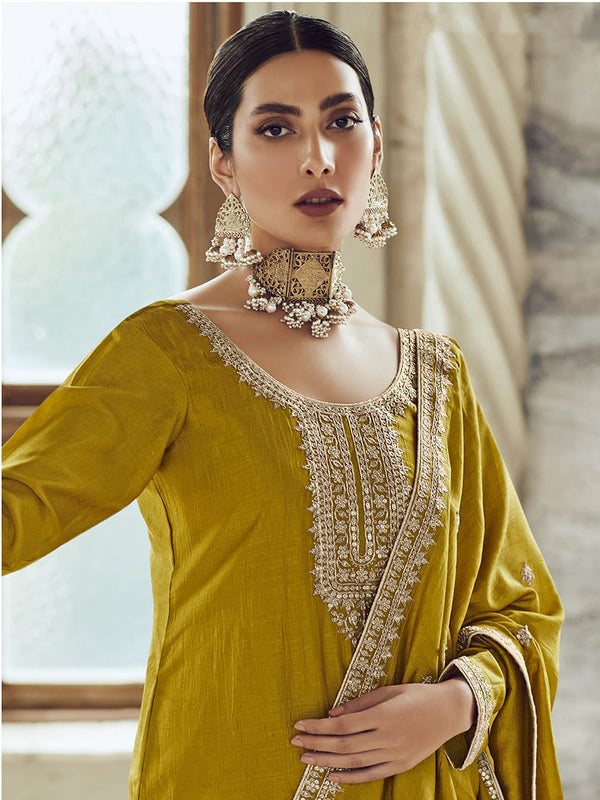 Myra Mustard Yellow Premium Silk Embroidered Pant Style Suit - Distacart