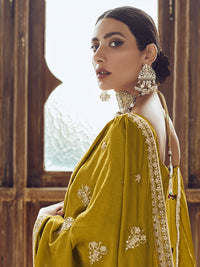 Thumbnail for Myra Mustard Yellow Premium Silk Embroidered Pant Style Suit - Distacart