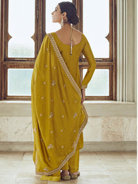 Thumbnail for Myra Mustard Yellow Premium Silk Embroidered Pant Style Suit - Distacart
