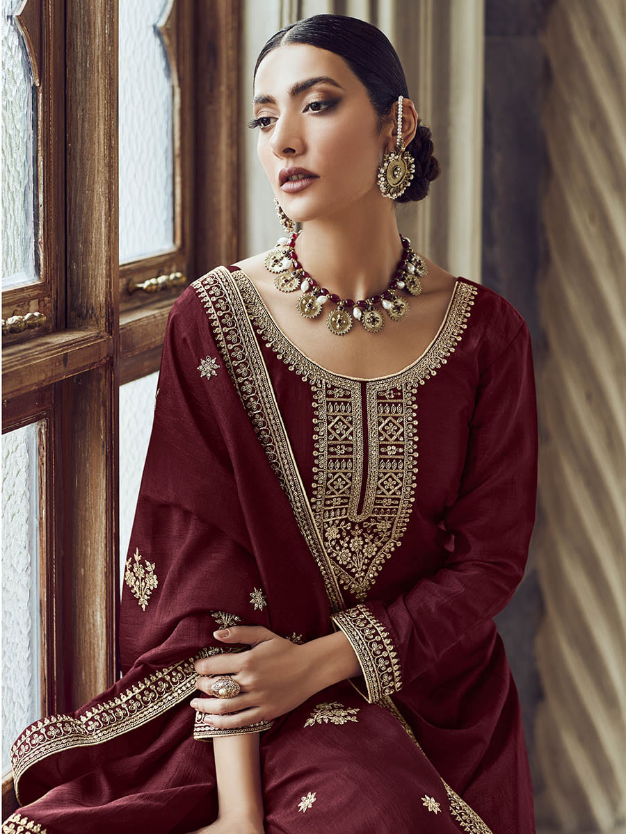 Myra Maroon Premium Silk Embroidered Pant Style Suit - Distacart