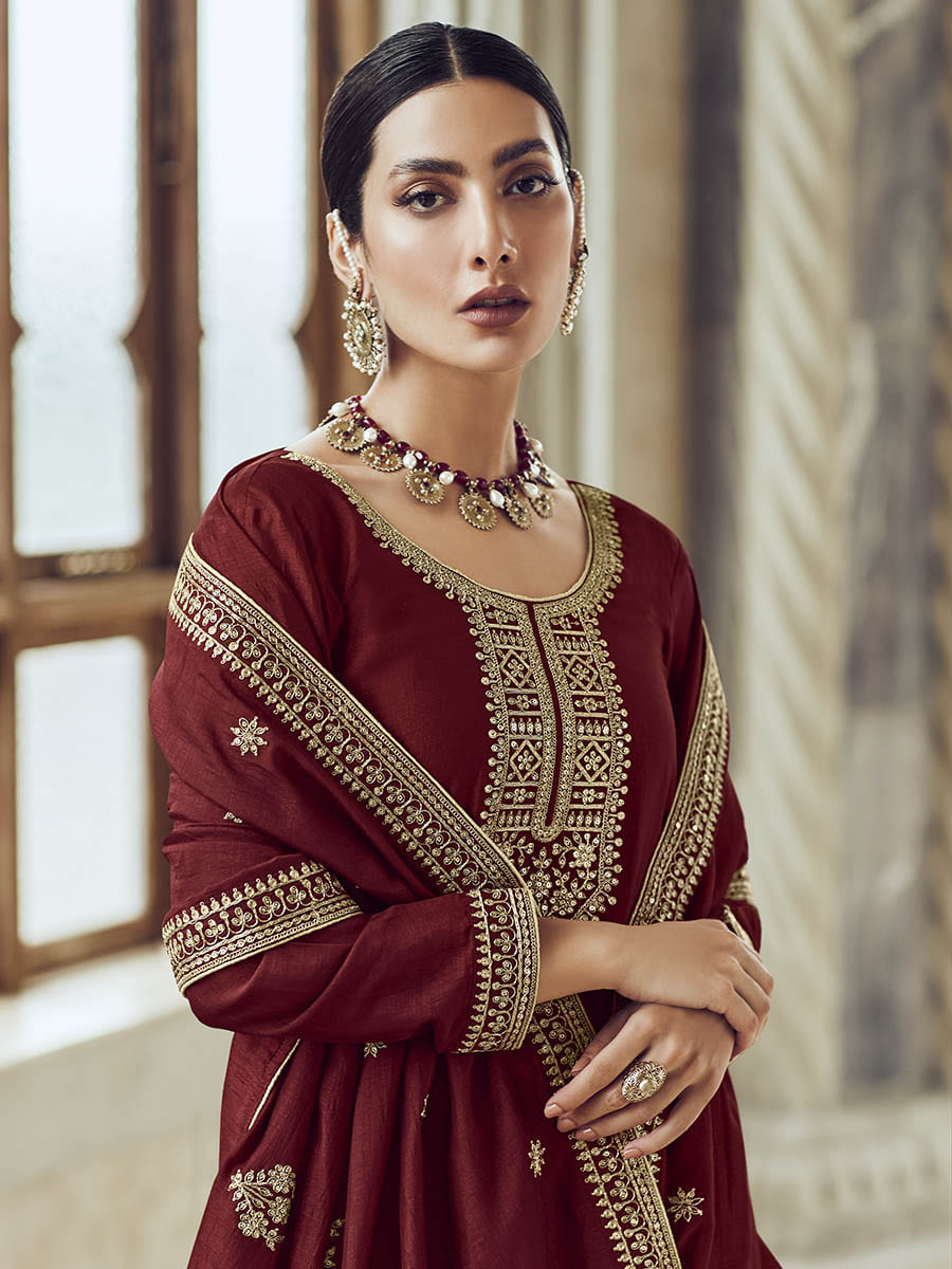 Myra Maroon Premium Silk Embroidered Pant Style Suit - Distacart