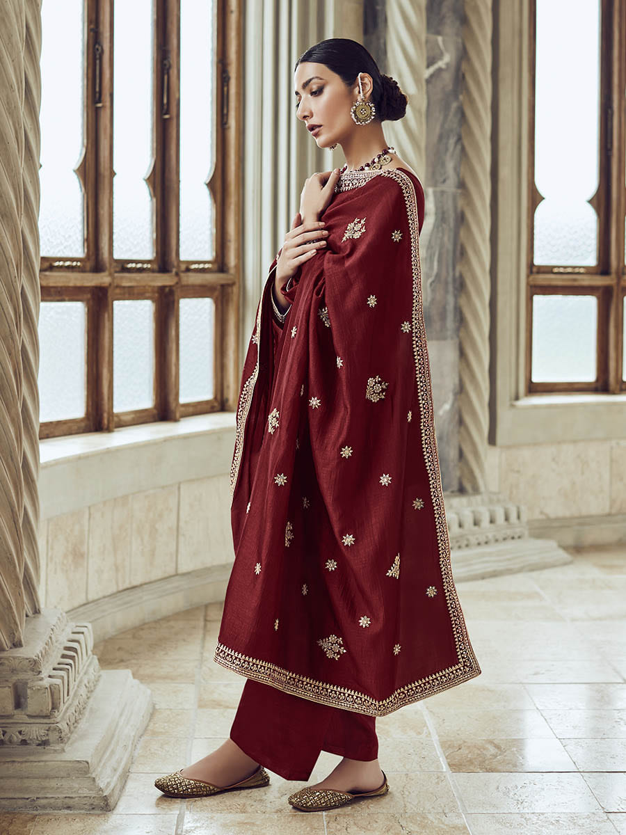 Myra Maroon Premium Silk Embroidered Pant Style Suit - Distacart
