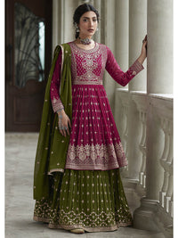 Thumbnail for Myra Mehendi and Rani Georgette Skirt Style Embroidered Suit - Distacart