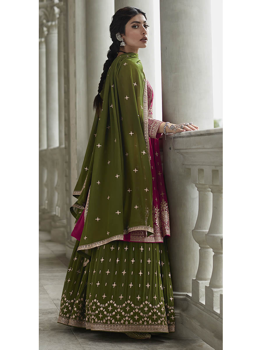 Myra Mehendi and Rani Georgette Skirt Style Embroidered Suit - Distacart