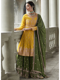 Thumbnail for Myra Mehendi and Mustard Yellow Georgette Skirt Style Embroidered Suit - Distacart