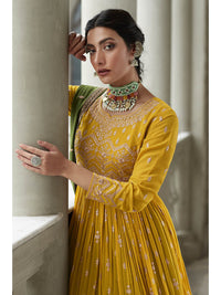 Thumbnail for Myra Mehendi and Mustard Yellow Georgette Skirt Style Embroidered Suit - Distacart