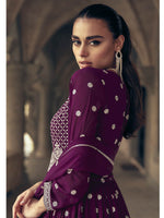 Thumbnail for Myra Purple Real Georgette Gharara Style Embroidered Suit - Distacart