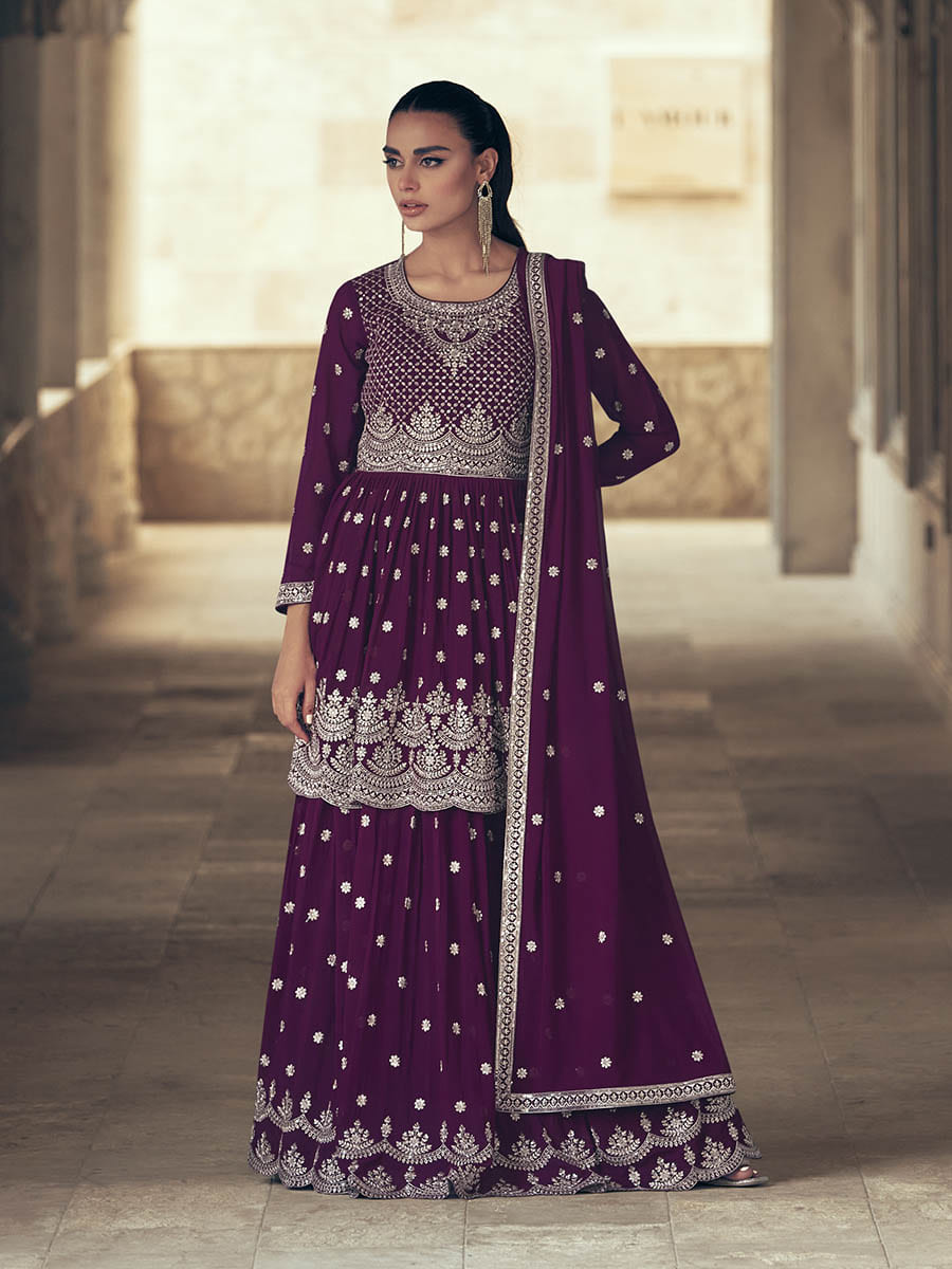 Myra Purple Real Georgette Gharara Style Embroidered Suit - Distacart