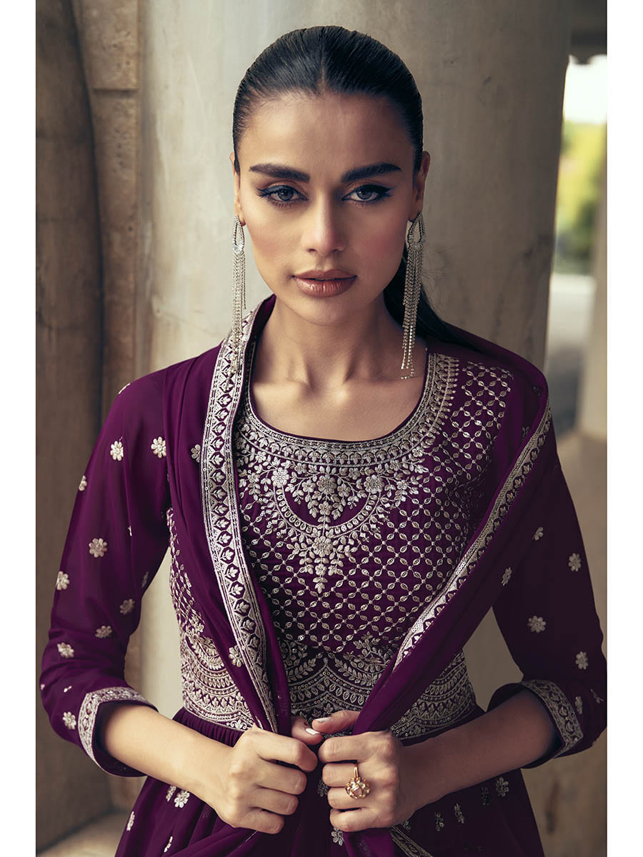 Myra Purple Real Georgette Gharara Style Embroidered Suit - Distacart