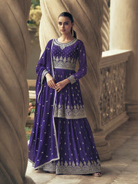 Thumbnail for Myra Violet Real Georgette Gharara Style Embroidered Suit - Distacart
