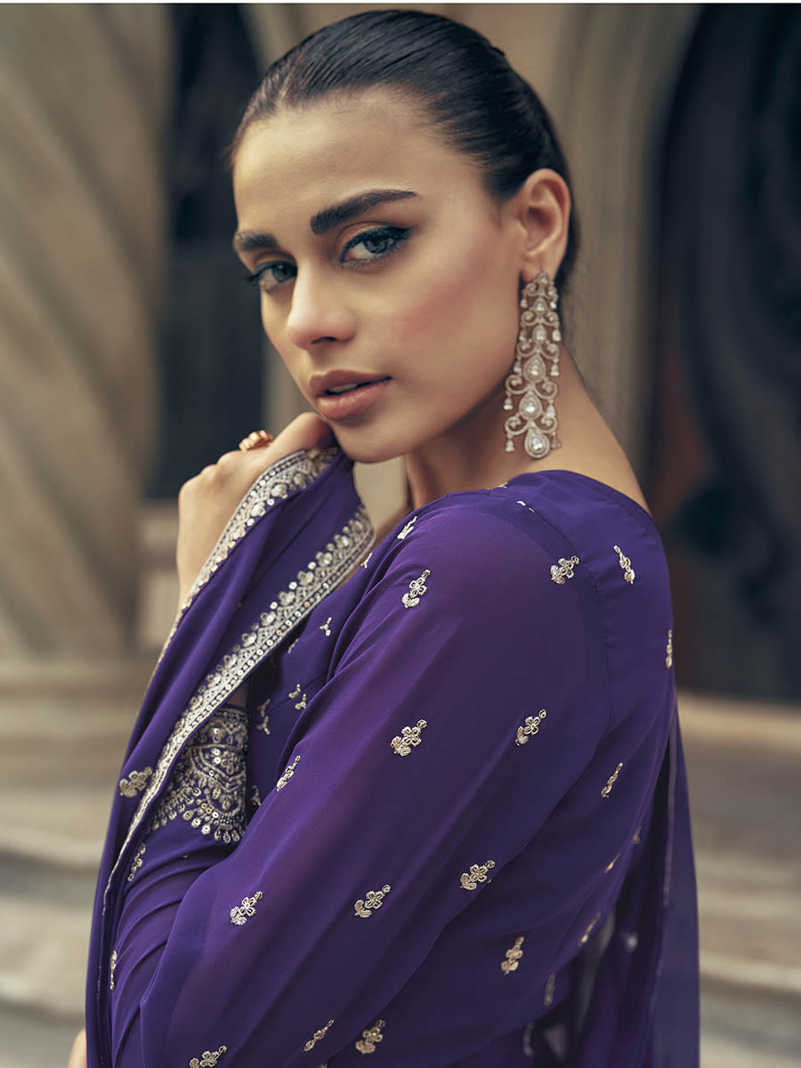 Myra Violet Real Georgette Gharara Style Embroidered Suit - Distacart