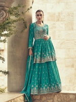 Thumbnail for Myra Sea Green Real Georgette Gharara Style Embroidered Suit - Distacart