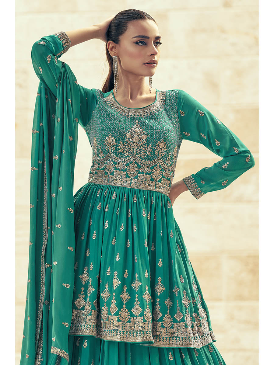 Myra Sea Green Real Georgette Gharara Style Embroidered Suit - Distacart