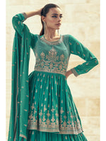 Thumbnail for Myra Sea Green Real Georgette Gharara Style Embroidered Suit - Distacart