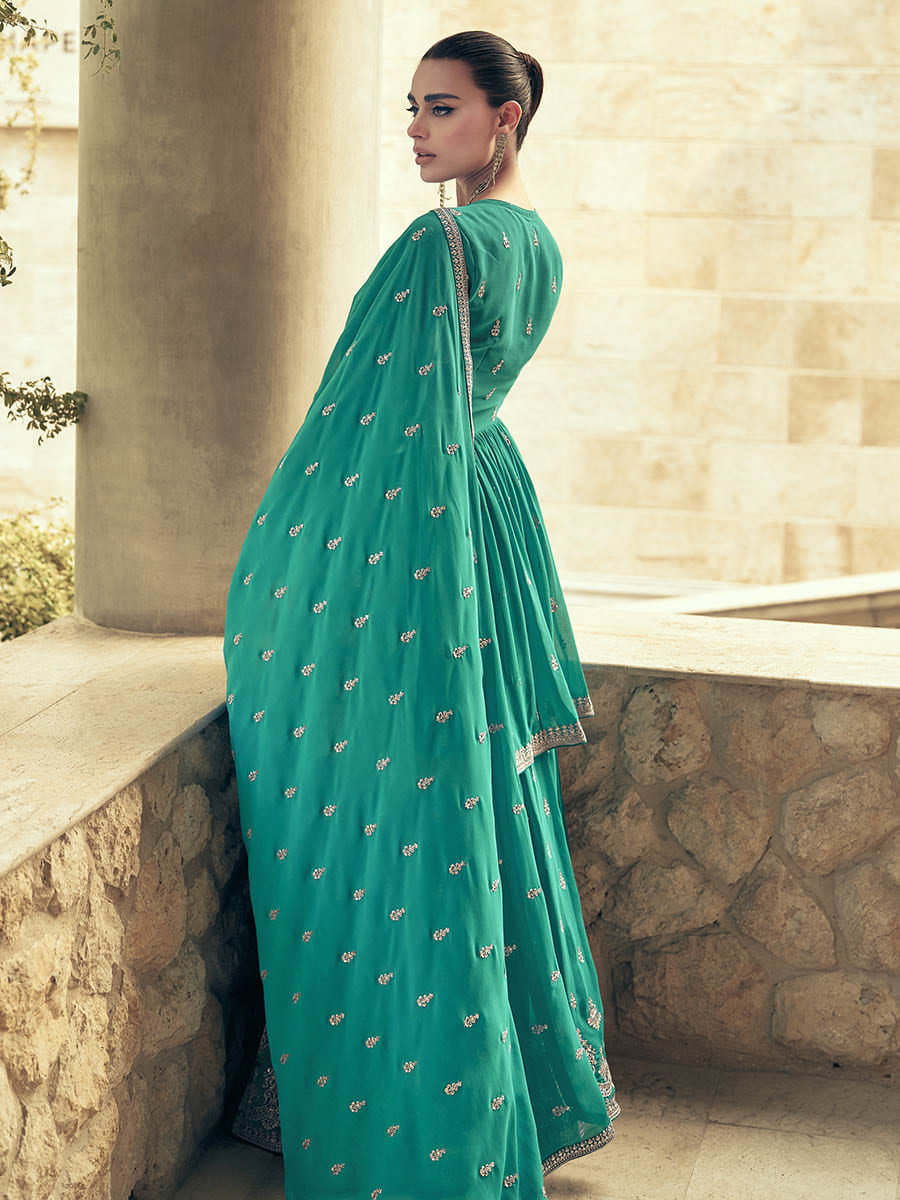Myra Sea Green Real Georgette Gharara Style Embroidered Suit - Distacart