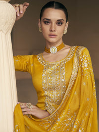 Thumbnail for Myra Mustard Yellow Premium Silk Embroidered Pant Style Suit - Distacart