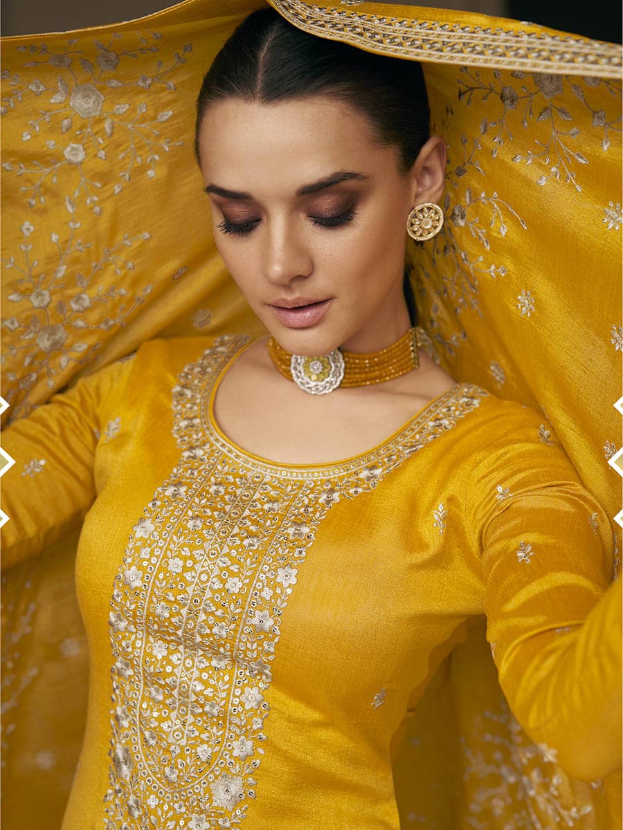 Myra Mustard Yellow Premium Silk Embroidered Pant Style Suit - Distacart