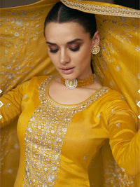 Thumbnail for Myra Mustard Yellow Premium Silk Embroidered Pant Style Suit - Distacart