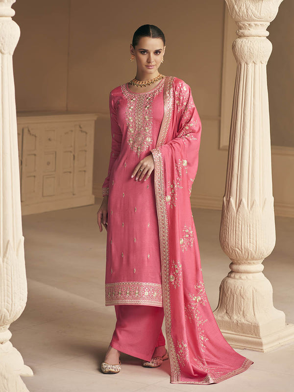 Myra Coral Premium Silk Embroidered Pant Style Suit - Distacart
