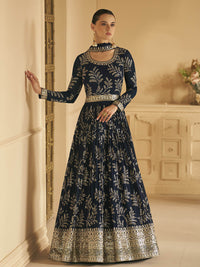 Thumbnail for Myra Navy Blue Georgette Embroidered Designer Suit - Distacart