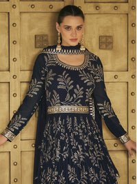 Thumbnail for Myra Navy Blue Georgette Embroidered Designer Suit - Distacart