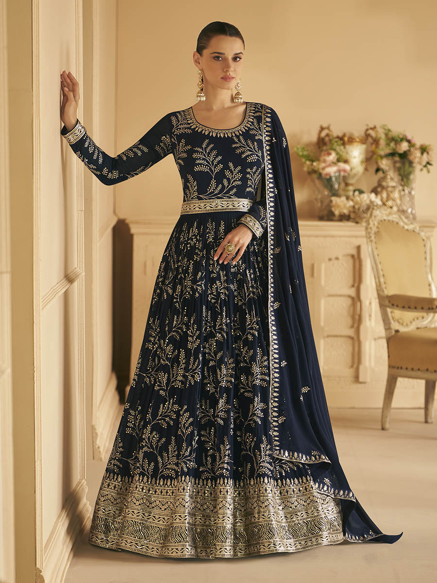 Myra Navy Blue Georgette Embroidered Designer Suit - Distacart