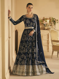 Thumbnail for Myra Navy Blue Georgette Embroidered Designer Suit - Distacart