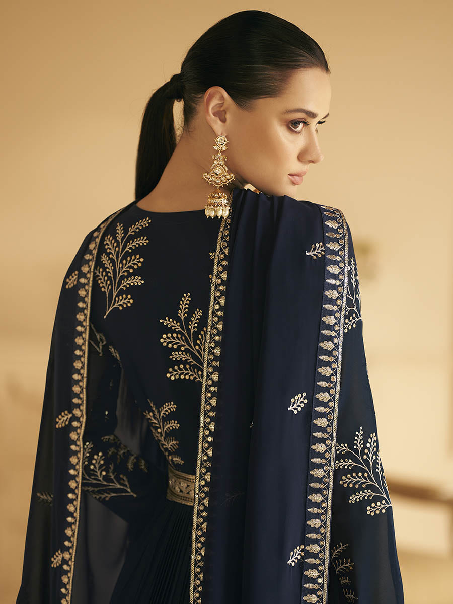 Myra Navy Blue Georgette Embroidered Designer Suit - Distacart