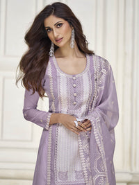 Thumbnail for Myra Pastel Purple Organza Silk Embroidered Pant Style Suit - Distacart