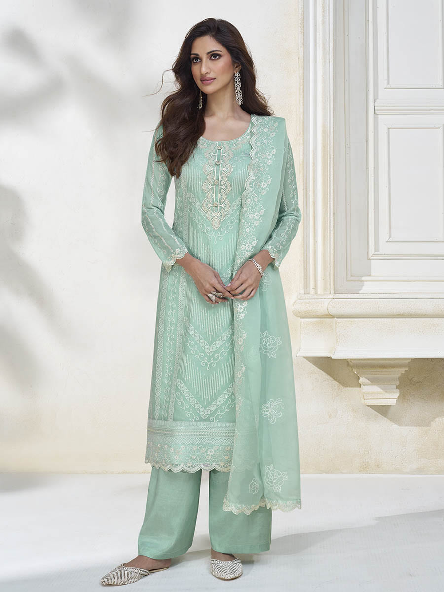Myra Pastel Sea Green Silk Embroidered Pant Style Suit - Distacart