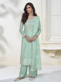 Thumbnail for Myra Pastel Sea Green Silk Embroidered Pant Style Suit - Distacart
