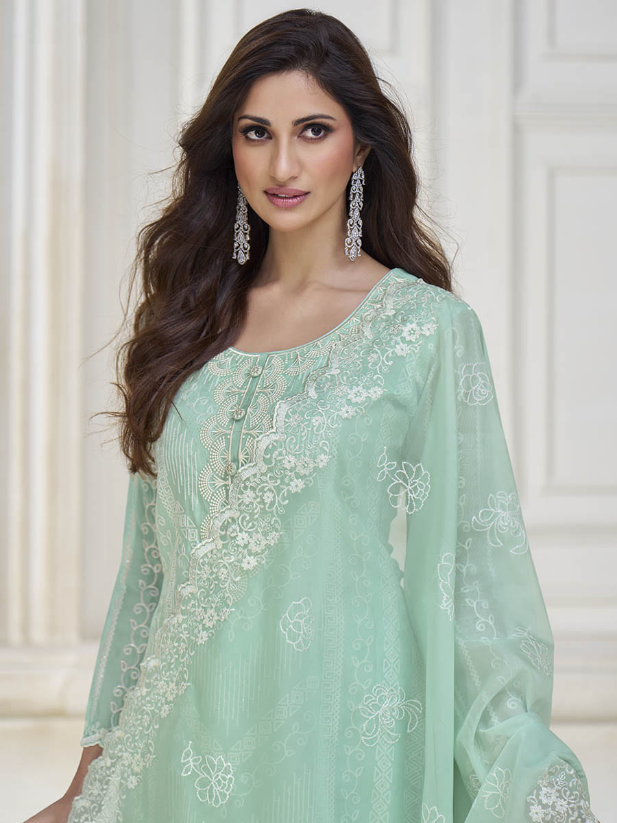 Myra Pastel Sea Green Silk Embroidered Pant Style Suit - Distacart