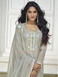 Thumbnail for Myra Pastel Grey Organza Silk Embroidered Pant Style Suit - Distacart