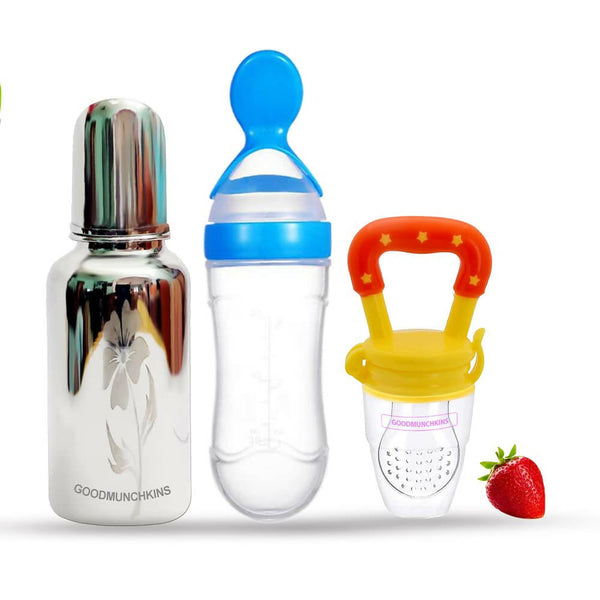 Goodmunchkins Stainless Steel Feeding Bottle, Food Feeder & Fruit Feeder Combo for Baby-(Blue-Yellow, 220ml) - Distacart