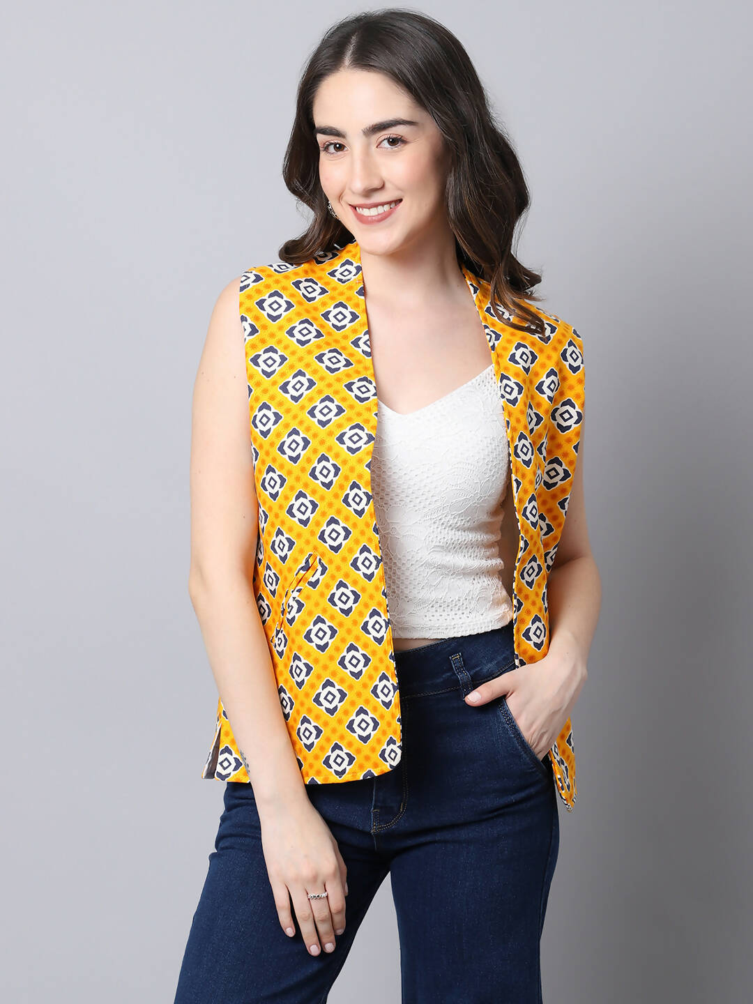 Even Apparels Yellow Viscose Rayon Open Front Women's Waistcoat - Distacart