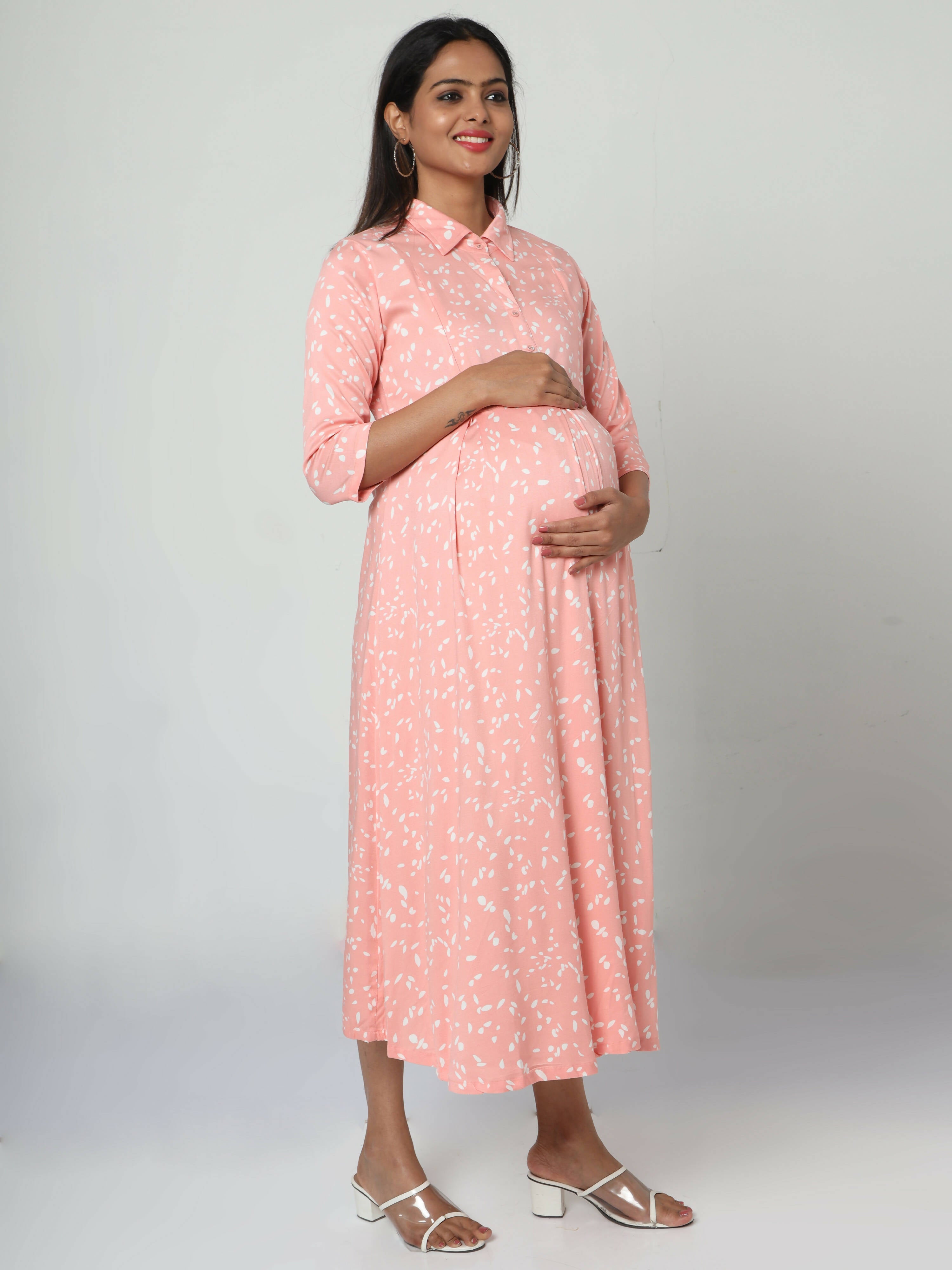 Manet Three Fourth Maternity Dress White Dot Print With Concealed Zipper Nursing Access - Pink - Distacart