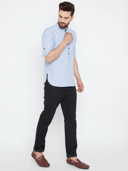 Even Apparels Blue Pure Cotton With Band Collar Men's Kurta - Distacart