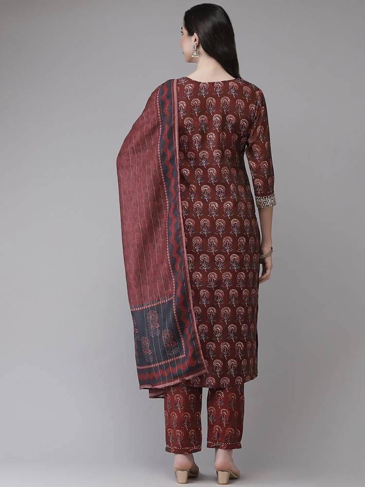 Yufta Women Maroon Floral Printed Regular Kurta with Palazzo & With Dupatta