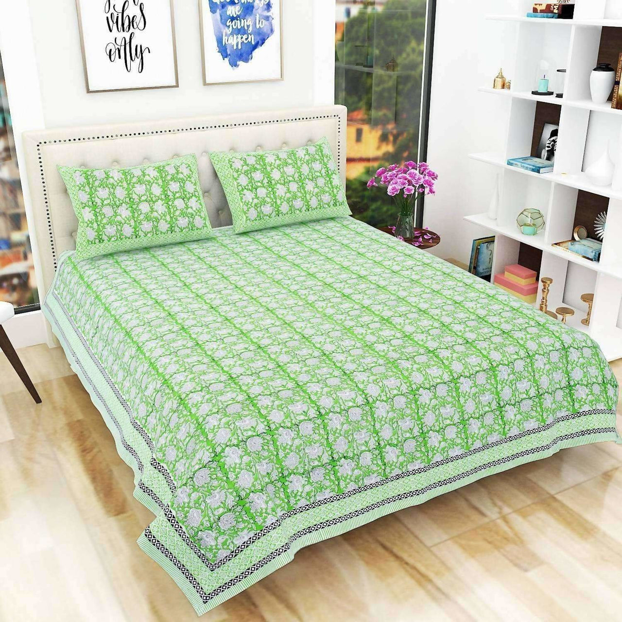 Hand Block Printed Jaipuri Double 90x108 Inches Bedsheet/Bedspread with 2 Pillow Covers - Distacart