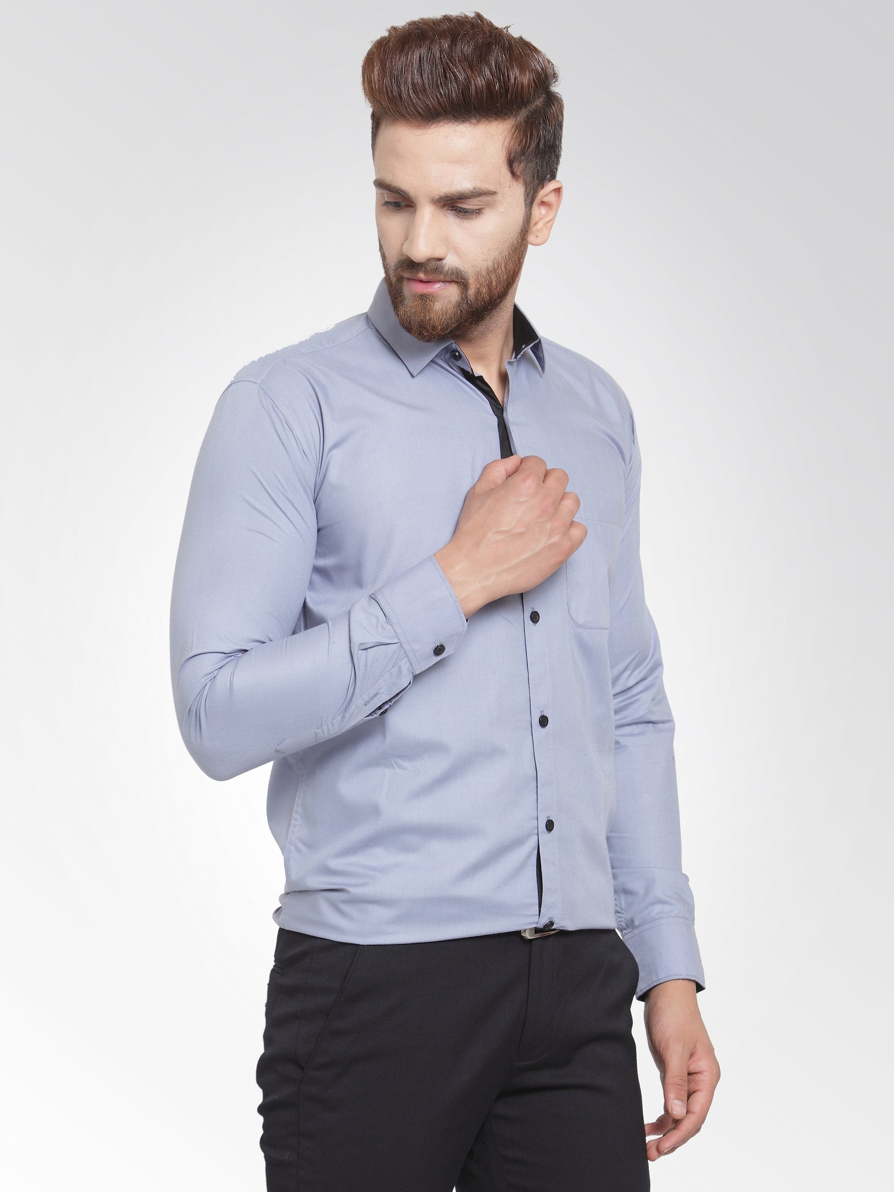 Jainish Light Grey Formal Shirt with black detailing ( SF 411Light-Grey ) - Distacart