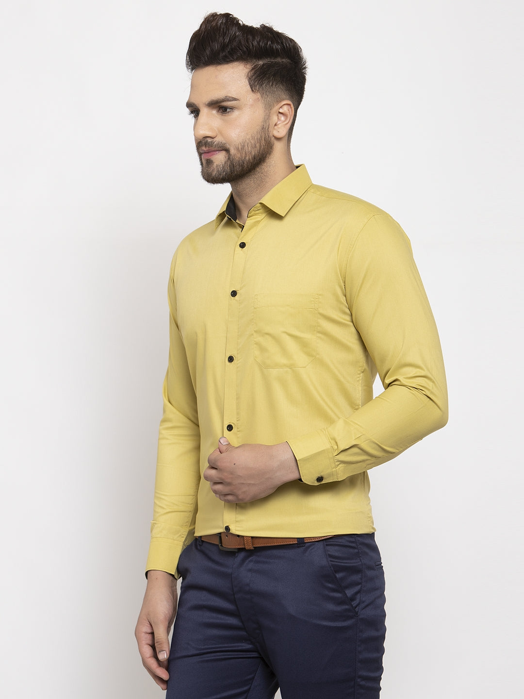Jainish Lime Yellow Formal Shirt with black detailing ( SF 411Lime ) - Distacart